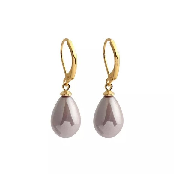 New Womens Light Brown Pearl Drop Earrings & 18kt Gold - Picture 1 of 2